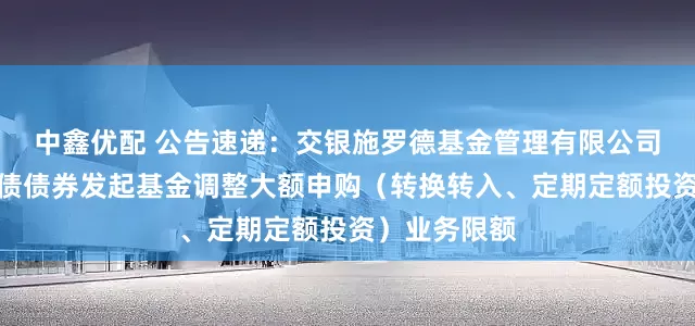 中鑫优配 公告速递：交银施罗德基金管理有限公司关于交银纯债债券发起基金调整大额申购（转换转入、定期定额投资）业务限额